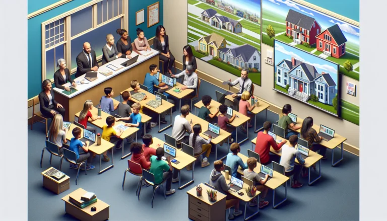 Un gruppo di studenti impegnati in un laboratorio di educazione finanziaria, discutendo e apprendendo come gestire il denaro.