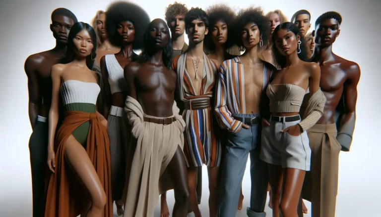 Un gruppo di persone di diverse etnie e forme che indossano abiti colorati, simbolo di inclusività nel mondo della moda.