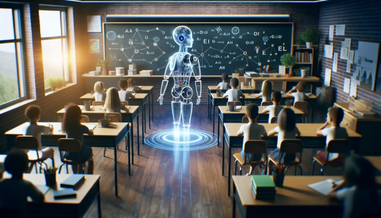 Un insegnante utilizza un tablet in classe mentre gli studenti interagiscono con dispositivi tecnologici.