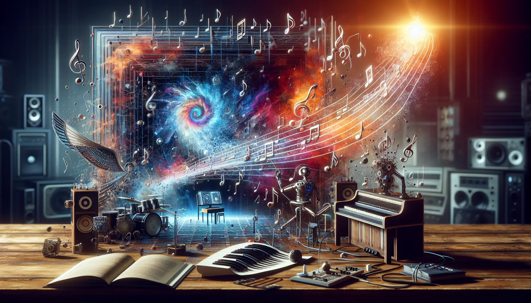 Un collage di opere d'arte generate da intelligenza artificiale e note musicali, rappresentando l'intersezione tra tecnologia e creatività.