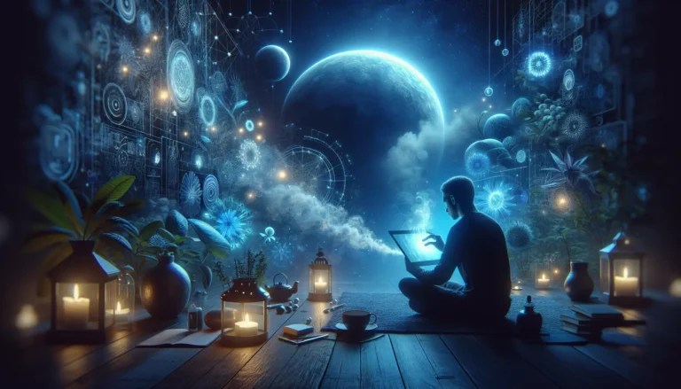 Un'immagine che rappresenta una persona che medita in un ambiente tranquillo, circondata da dispositivi elettronici, simbolizzando l'impatto della luce blu sulla salute mentale.