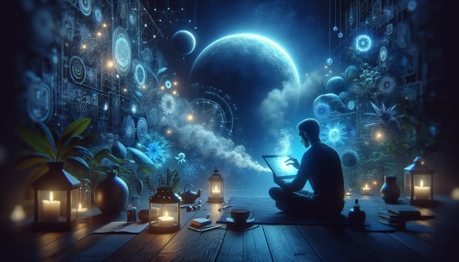 Un'immagine che rappresenta una persona che medita in un ambiente tranquillo, circondata da dispositivi elettronici, simbolizzando l'impatto della luce blu sulla salute mentale.