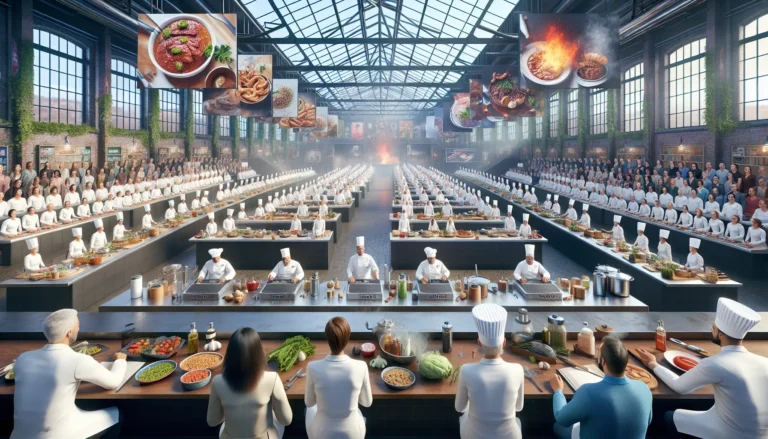 Concorrenti di MasterChef mentre preparano piatti in una cucina professionale