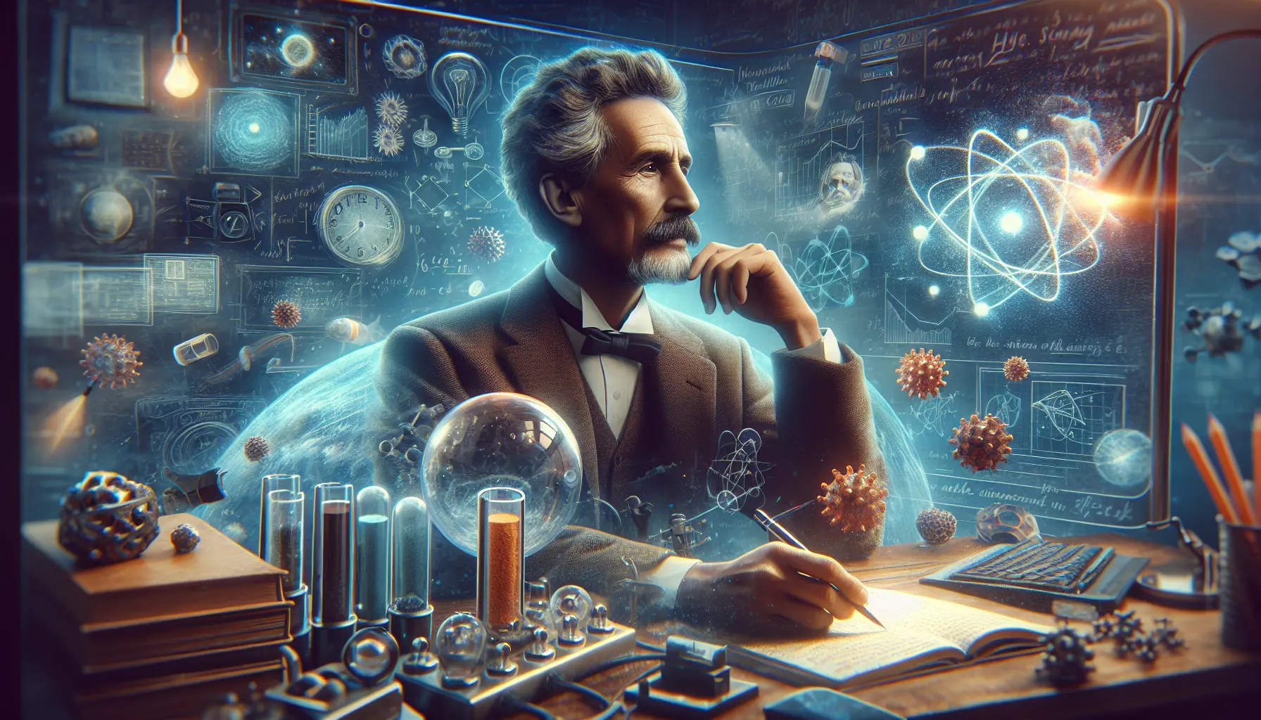 Ritratto di Max Planck con formule scientifiche sullo sfondo che rappresentano la fisica quantistica.