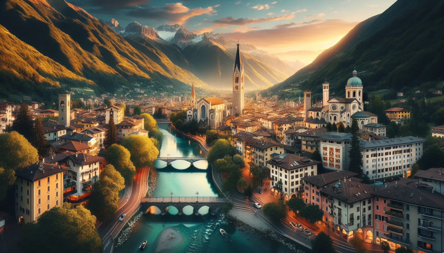 Vista panoramica di Merano con le Alpi sullo sfondo e i giardini botanici in primo piano.