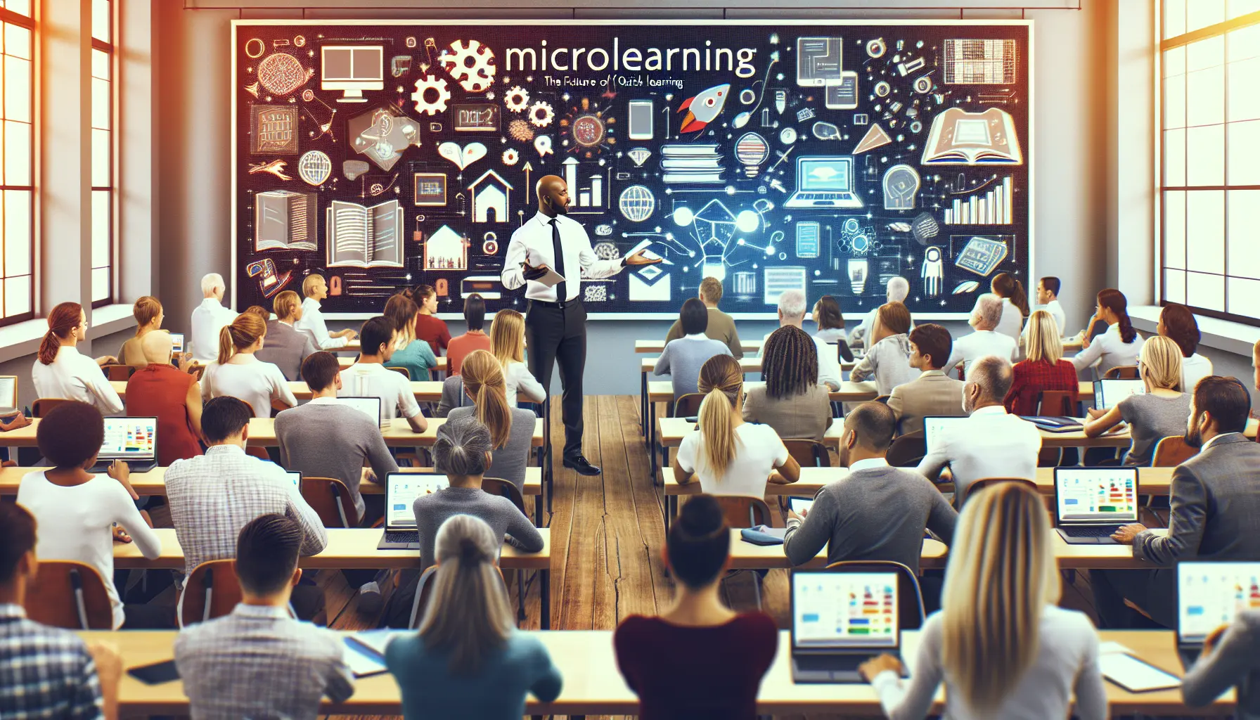 Un insegnante utilizza strumenti digitali per facilitare il microlearning in aula, mostrando un video su un tablet mentre gli studenti interagiscono.