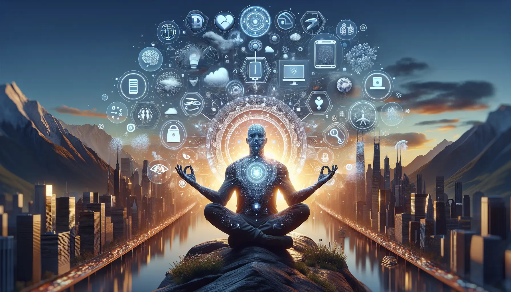 Una persona che medita con un'app di mindfulness sullo smartphone in un ambiente tranquillo.