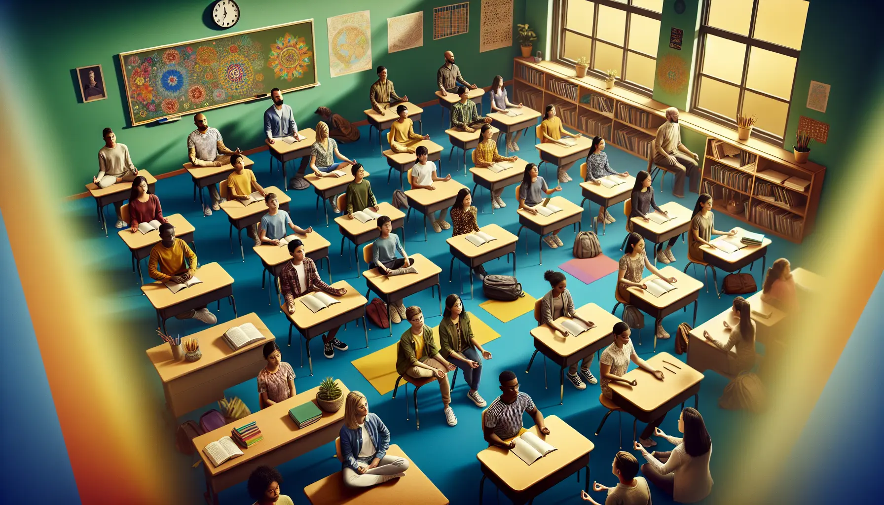 Studenti in meditazione in aula, praticando mindfulness per migliorare il loro benessere e concentrazione.