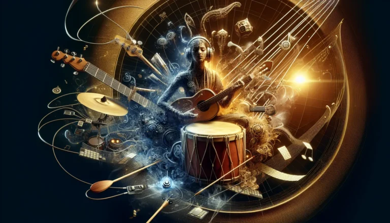 Artista che suona uno strumento tradizionale in un contesto moderno, rappresentando la fusione di generi musicali.