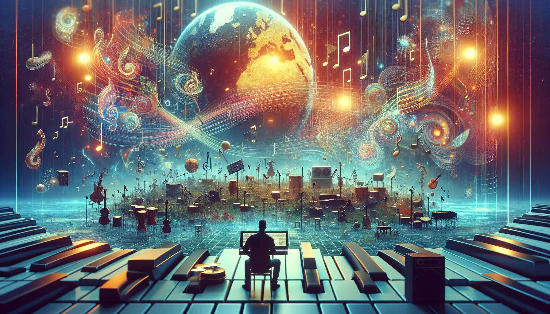 Un'immagine di musicisti di diverse culture che suonano insieme, rappresentando la fusione musicale e la diversità culturale.