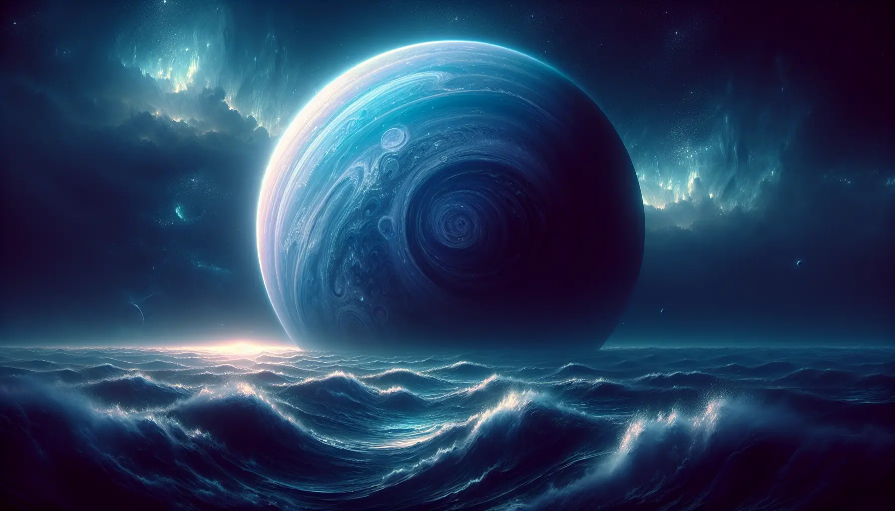 Immagine di Nettuno, il pianeta blu, con tempeste e nuvole di metano che ne caratterizzano l'atmosfera.
