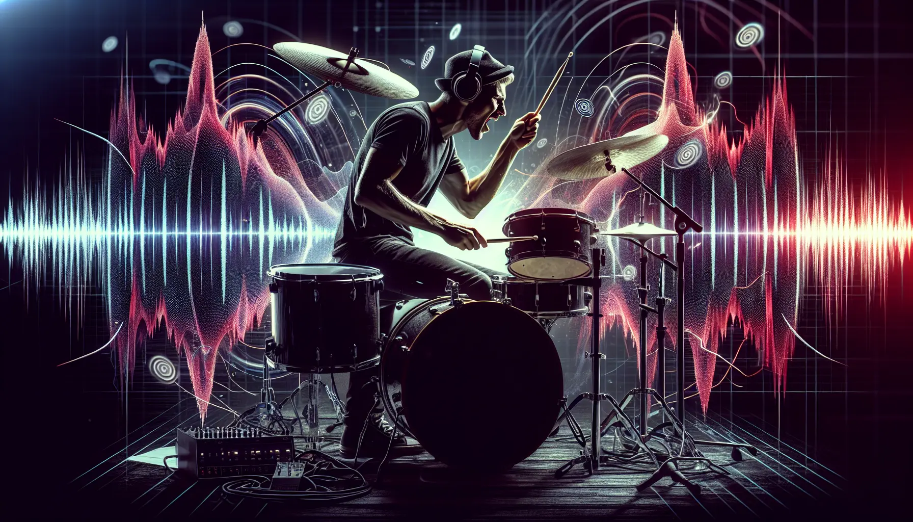 Nick Mason mentre suona la batteria durante un concerto, circondato da luci e strumenti musicali.