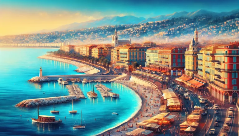 Vista panoramica di Nizza con il mare blu e la Promenade des Anglais