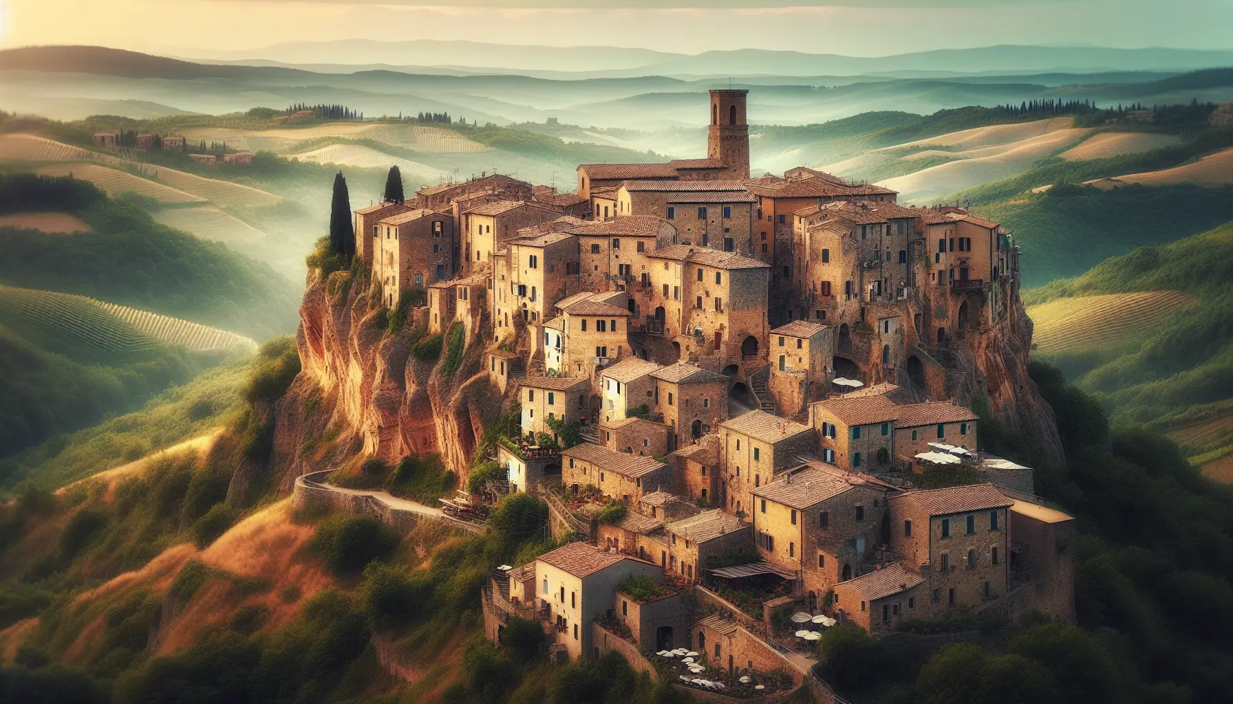 Panorama di Pitigliano con i suoi edifici in tufo che si ergono sulla collina, circondati da un paesaggio toscano verdeggiante.
