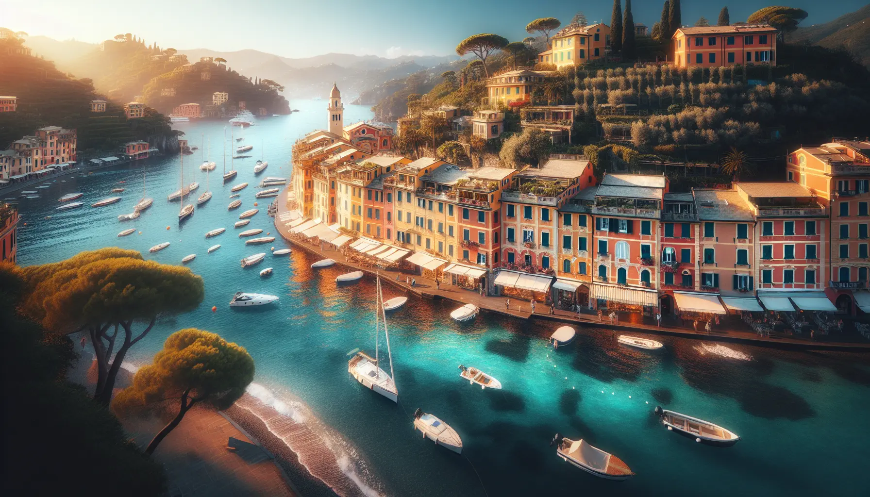 Vista panoramica del porto di Portofino con le sue case colorate e il mare cristallino.