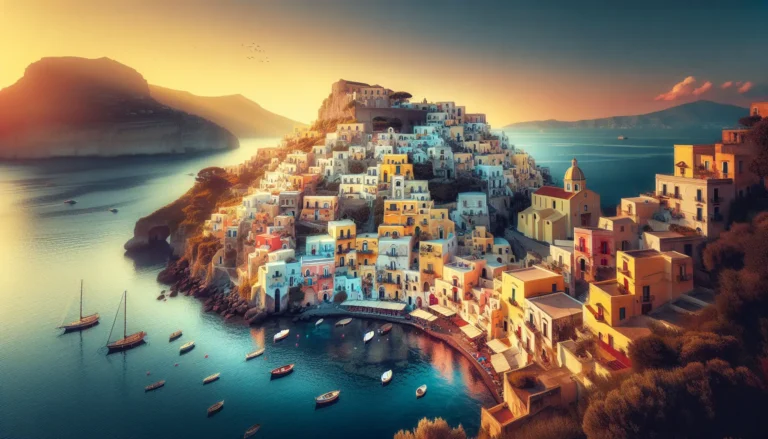 Vista panoramica di Procida con case colorate e mare cristallino