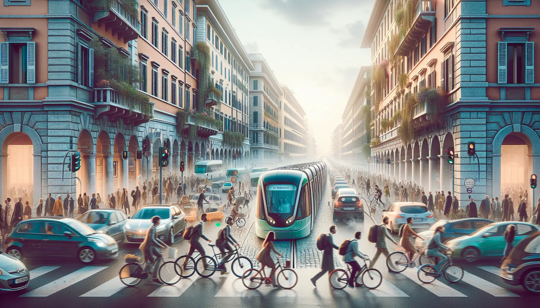 Un'immagine di Roma con strade poco trafficate e spazi verdi, simboleggiando la sostenibilità e la qualità dell'aria.