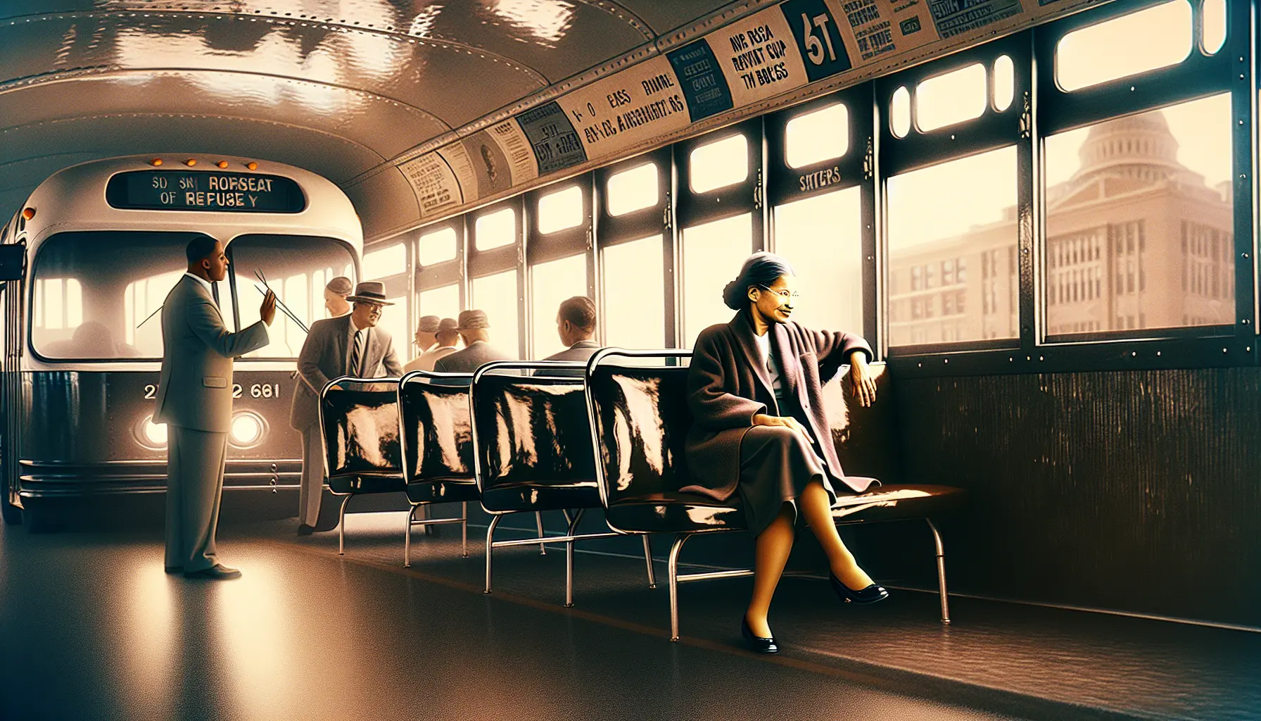 Rosa Parks seduta su un autobus, simbolo di resistenza e lotta per i diritti civili.