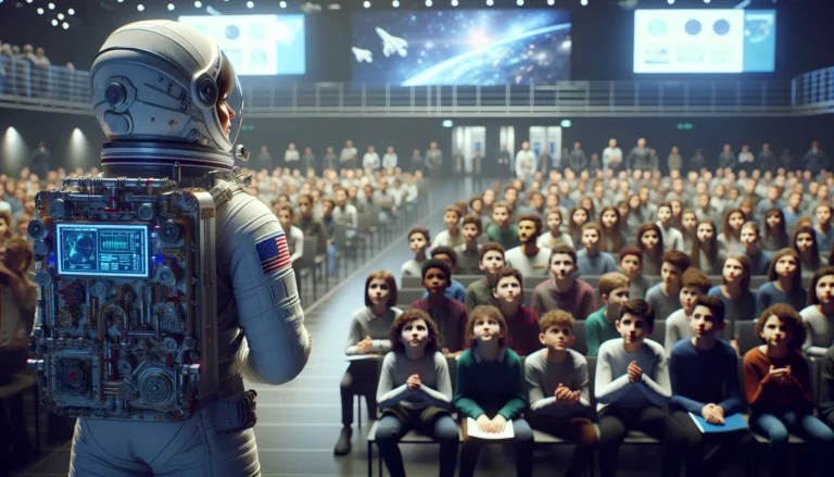 Samantha Cristoforetti in tuta spaziale, mentre osserva la Terra dallo spazio, simbolo di ispirazione per le giovani generazioni.