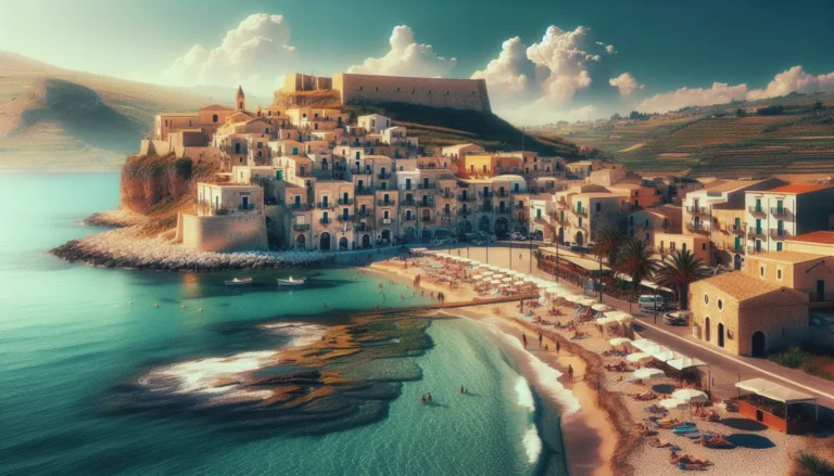 Vista panoramica delle spiagge di Scoglitti al tramonto, con il mare cristallino e il cielo colorato.