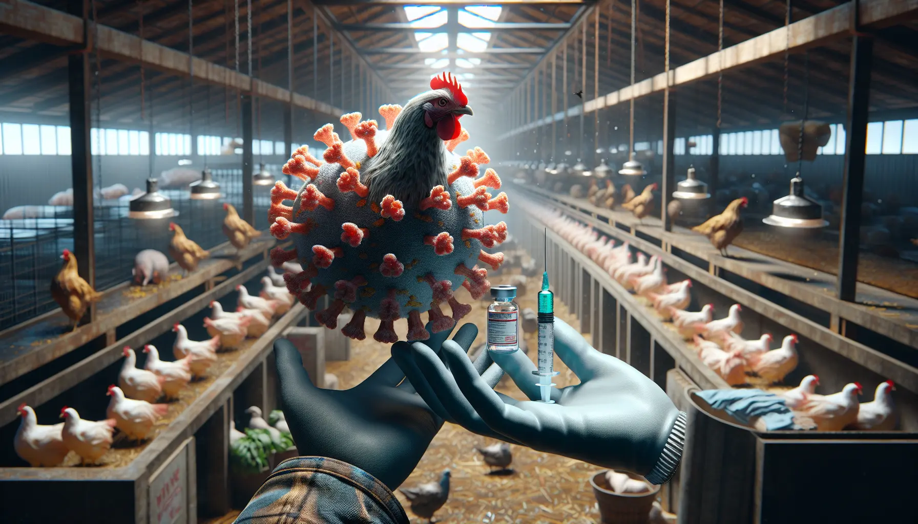 Un'immagine che rappresenta il virus dell'influenza aviaria, mostrando uccelli in un ambiente naturale con segnali di avviso sulla salute.