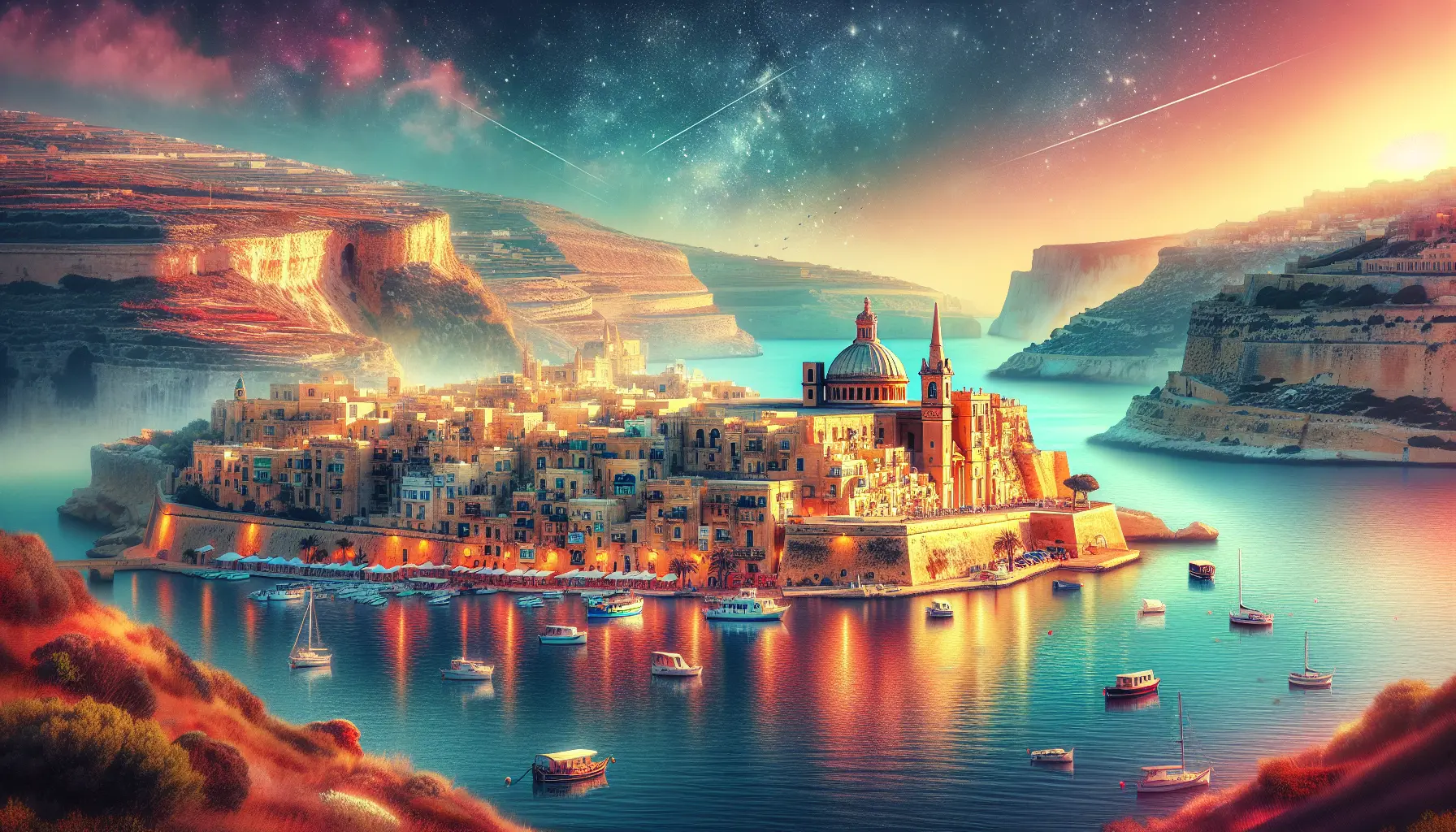 Vista panoramica della Valletta, capitale di Malta, con il suo skyline storico e il mare blu del Mediterraneo.