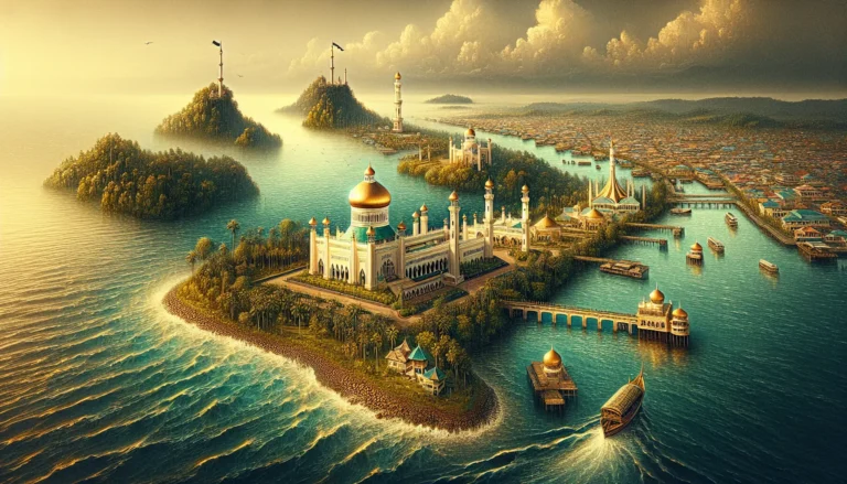 Immagine panoramica della Masjid Sultan Omar Ali Saifuddien, una delle moschee più belle del mondo, situata in Brunei.