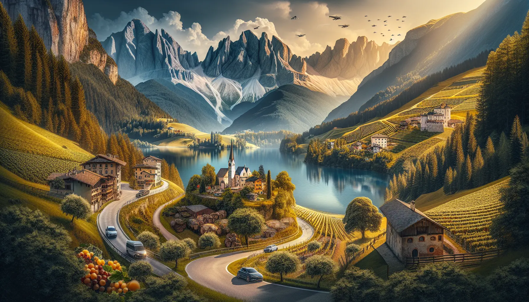 Panorama delle Dolomiti con un lago cristallino e un cielo sereno, tipico dell'Alto Adige.