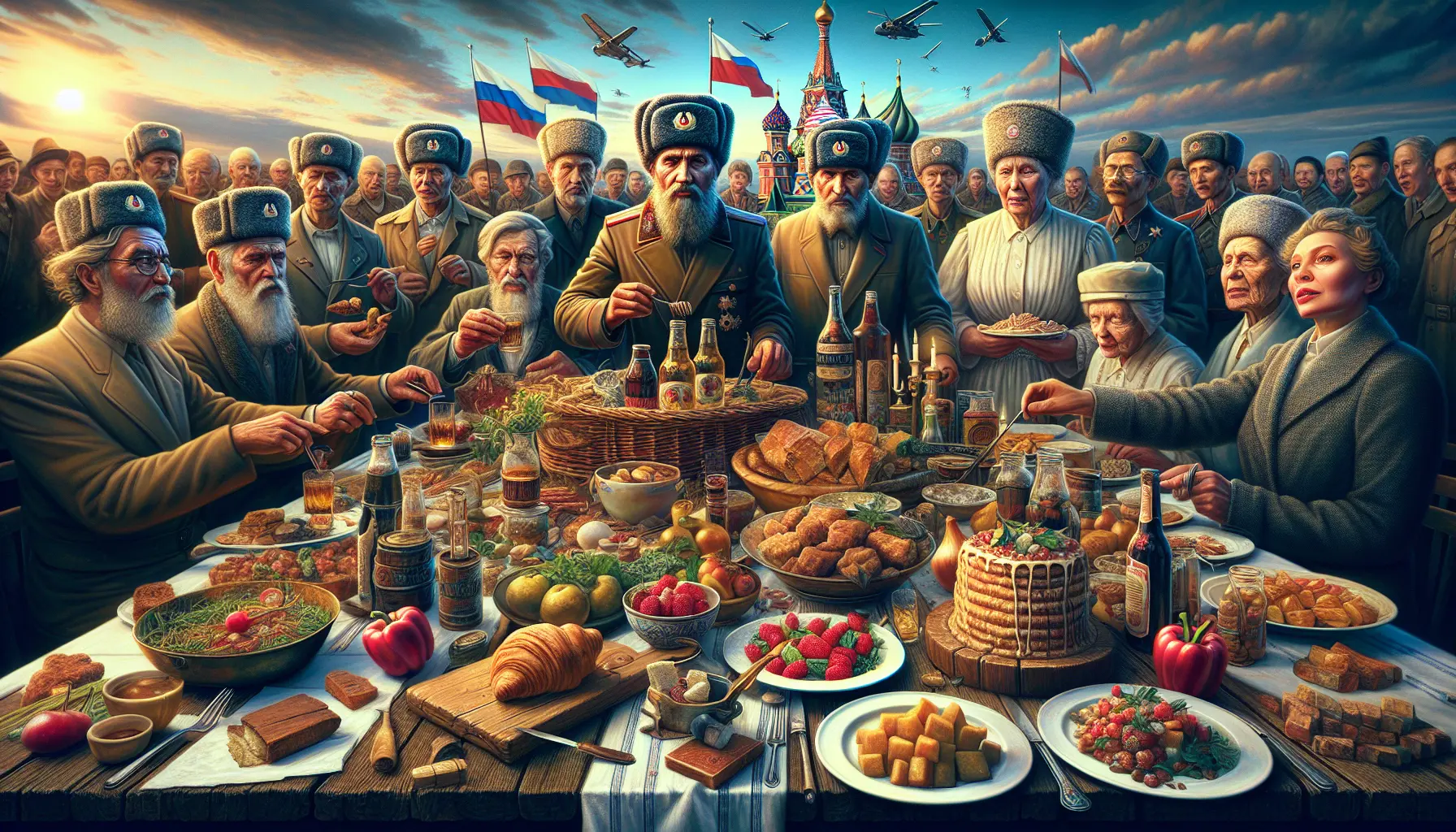 Un collage di immagini rappresentative della cultura sovietica, inclusi arte, cibo e festività.