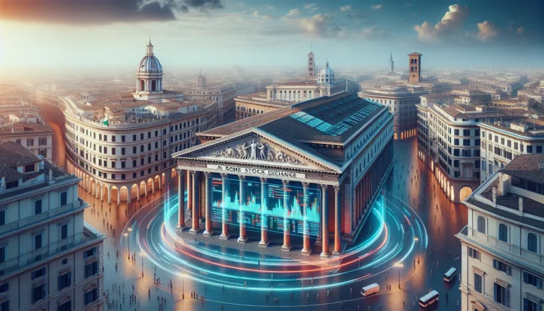 Panorama della Borsa di Roma con il palazzo della Borsa e l'attività di trading