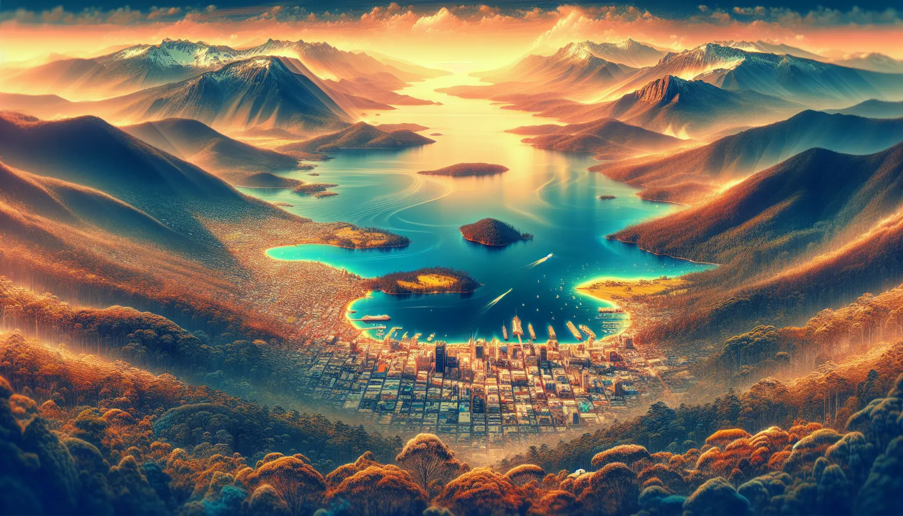 Paesaggio mozzafiato della Tasmania con montagne, laghi e foreste verdi