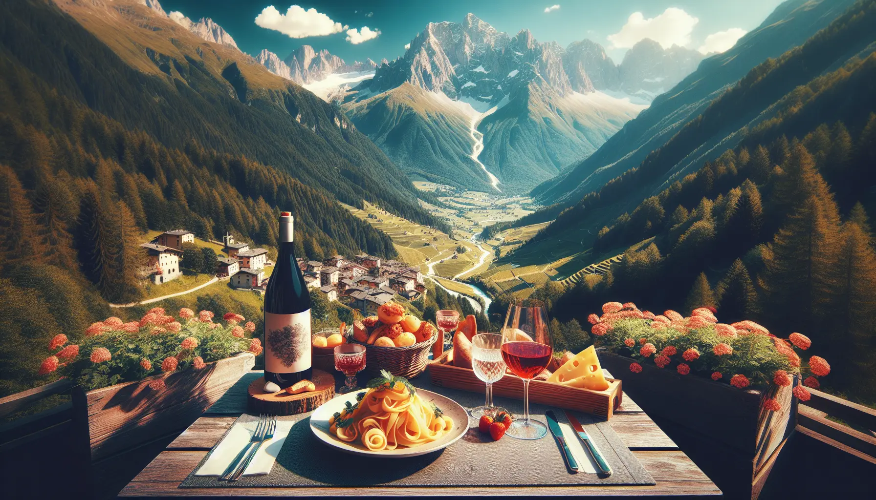 Panorama delle Alpi Valtellinesi con verdi pascoli e montagne imponenti