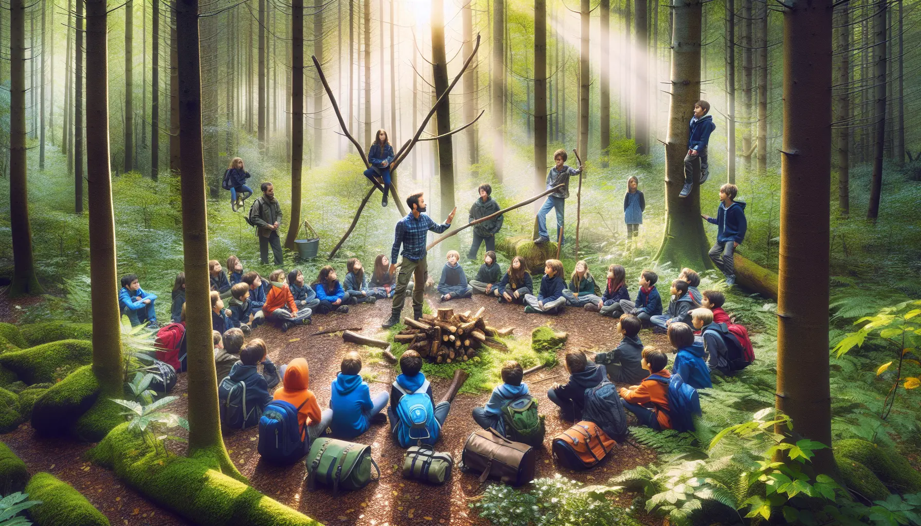 Bambini che apprendono in un ambiente naturale, esplorando e interagendo con la flora e fauna.
