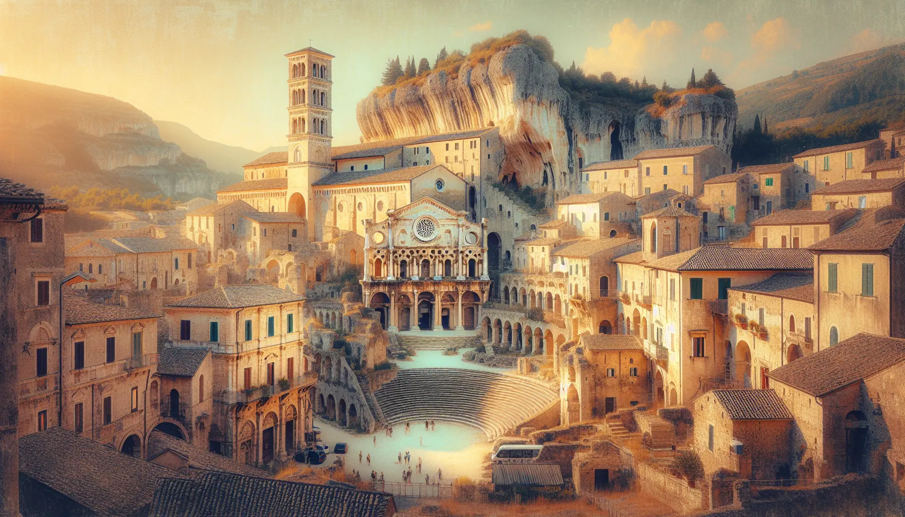 Vista panoramica dell'anfiteatro romano di Sutri, circondato da colline e alberi, che mette in risalto la bellezza storica del comune.