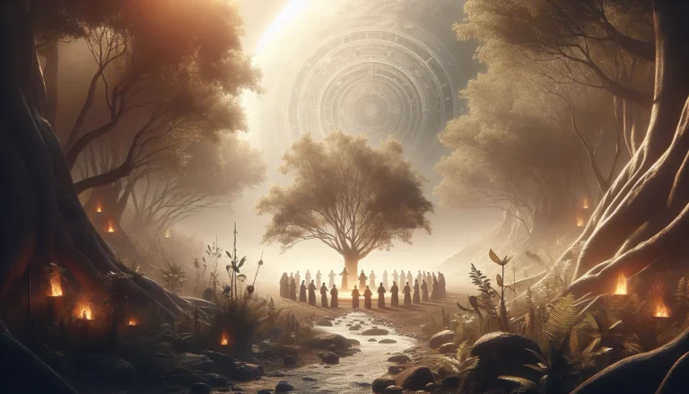 Un cerchio di persone che partecipano a un rituale di guarigione, circondati dalla natura.