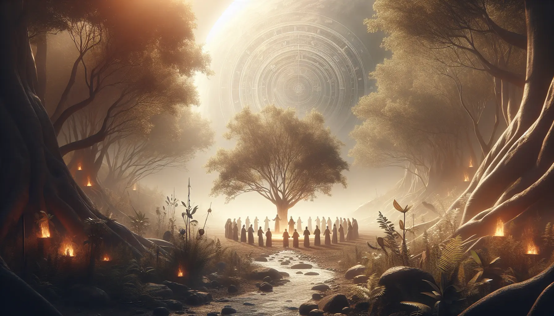 Un cerchio di persone che partecipano a un rituale di guarigione, circondati dalla natura.
