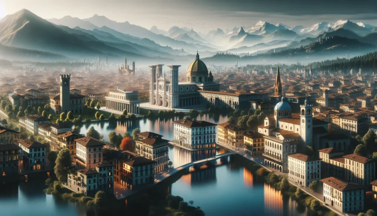 Panorama di una città italiana con spazi verdi e architettura storica
