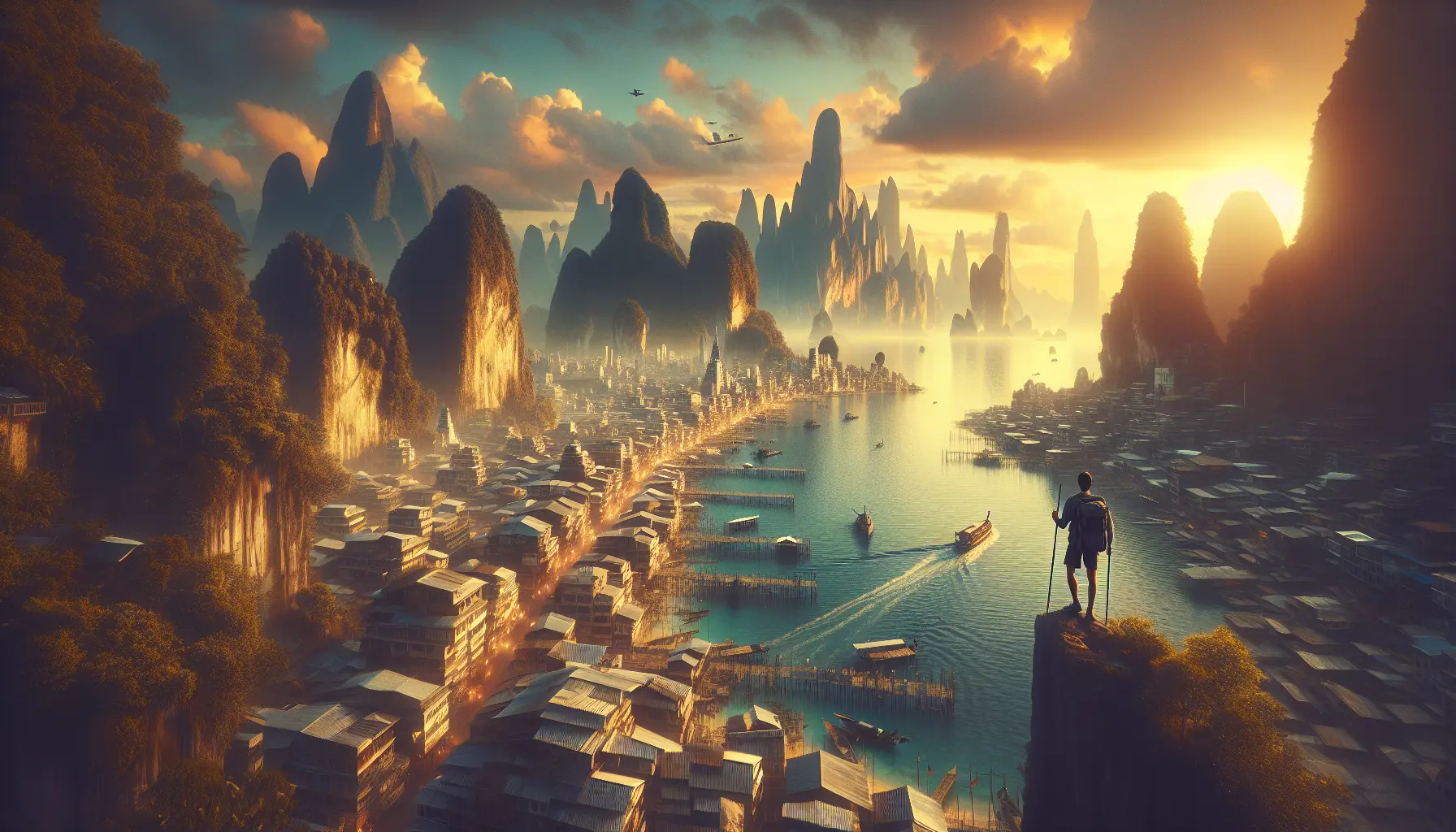 Un viaggiatore solitario esplora un paesaggio naturale mozzafiato, circondato da montagne e cieli blu.