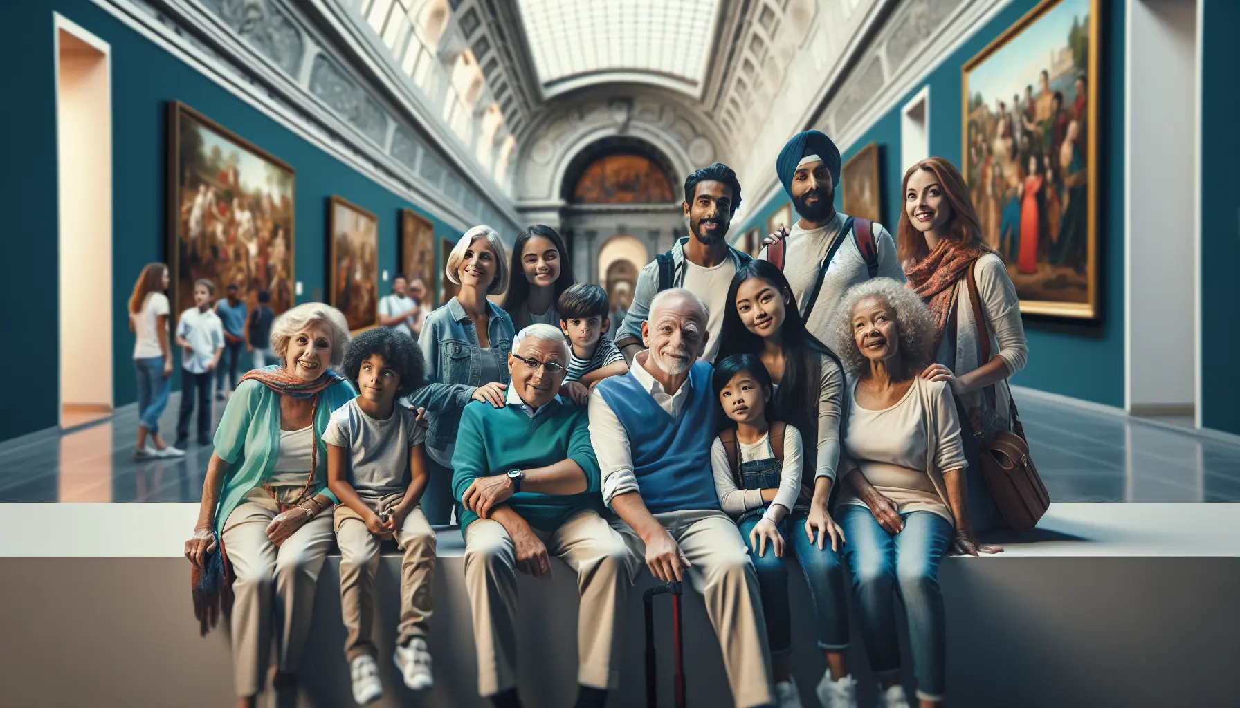 Famiglia in viaggio intergenerazionale che esplora una città storica insieme.