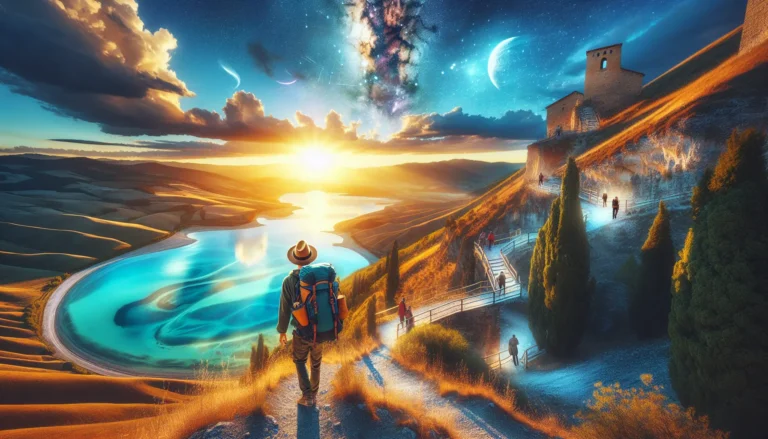 Un sentiero verde che si snoda tra colline e alberi, con un cielo blu e nuvole bianche in lontananza.