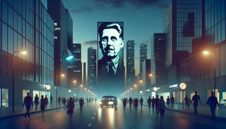 Rappresentazione visiva della sorveglianza tecnologica nella società moderna, con dispositivi connessi e simboli di privacy.