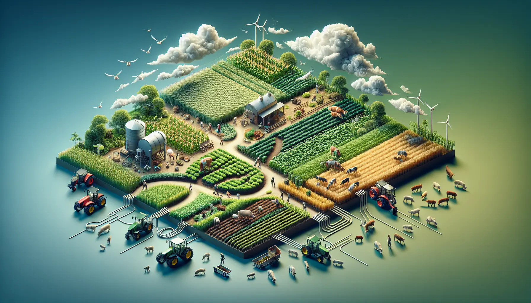 Un campo di coltivazione rigenerativa con piante verdi e alberi, simbolo di un'agricoltura sostenibile e rispettosa dell'ambiente.