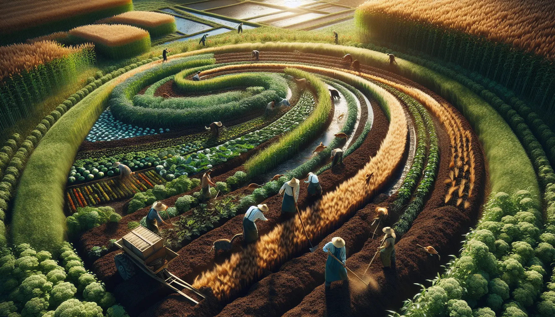 Un campo agricolo rigenerativo con diverse colture e un cielo blu, che rappresenta la sostenibilità e la biodiversità.