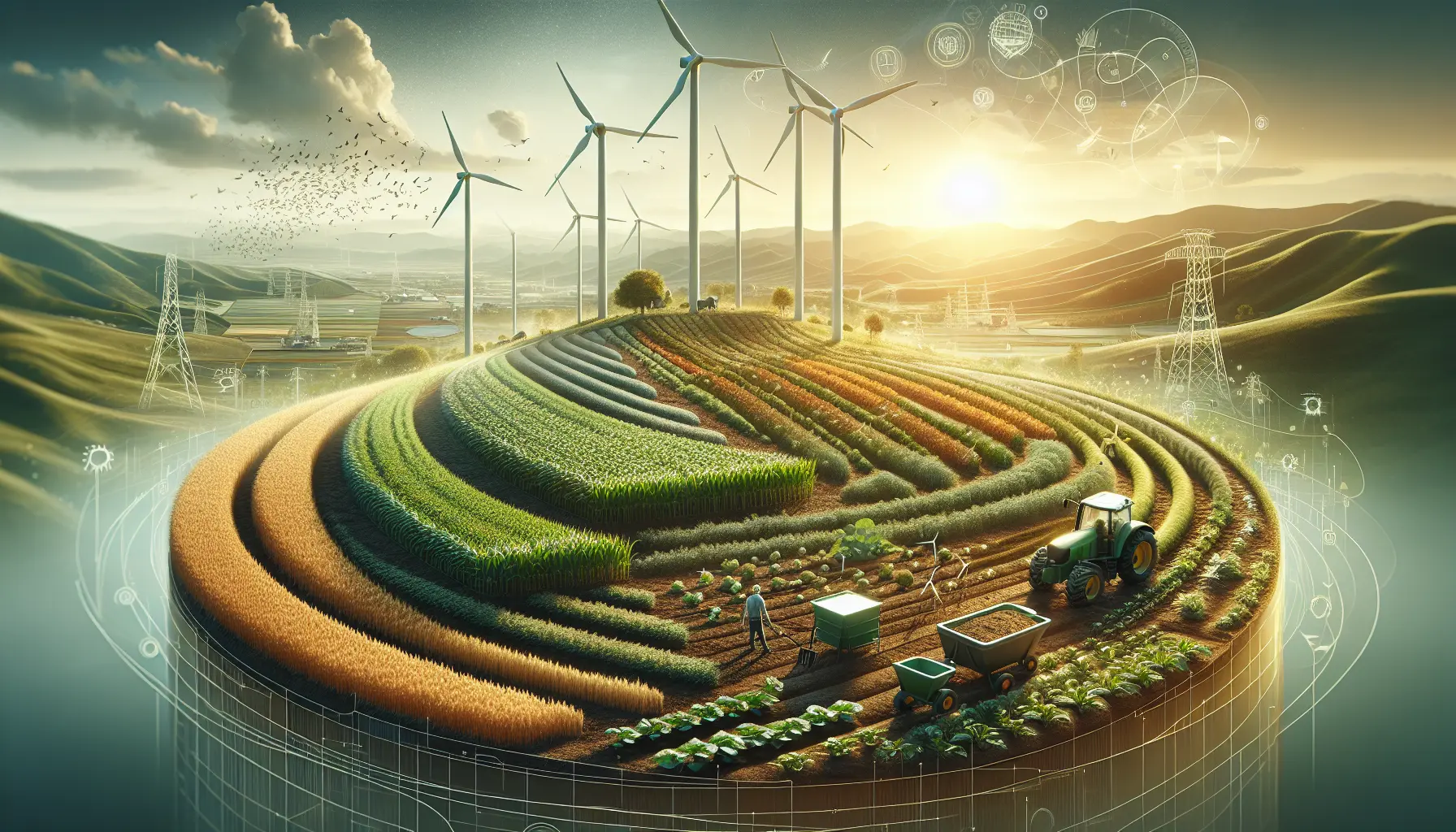Un campo rigenerativo con piante verdi e un cielo blu, simbolo di agricoltura sostenibile.
