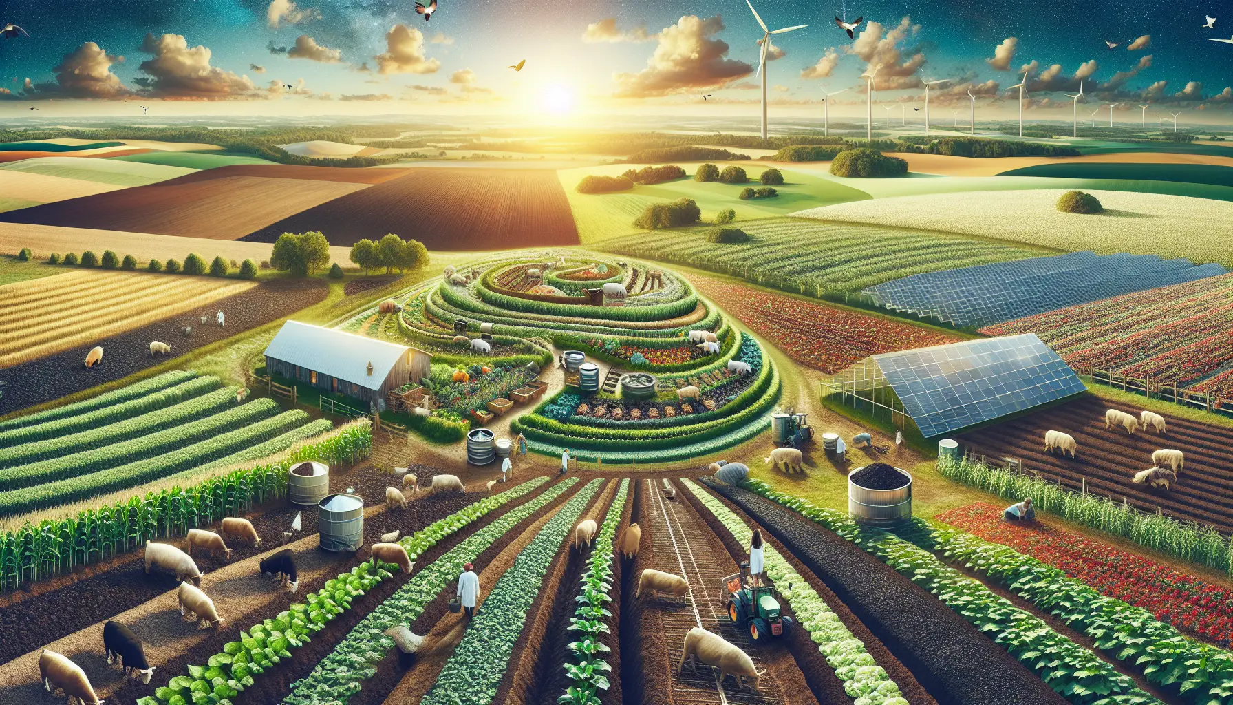 Campo di agricoltura rigenerativa con piante verdi e diverse colture in crescita