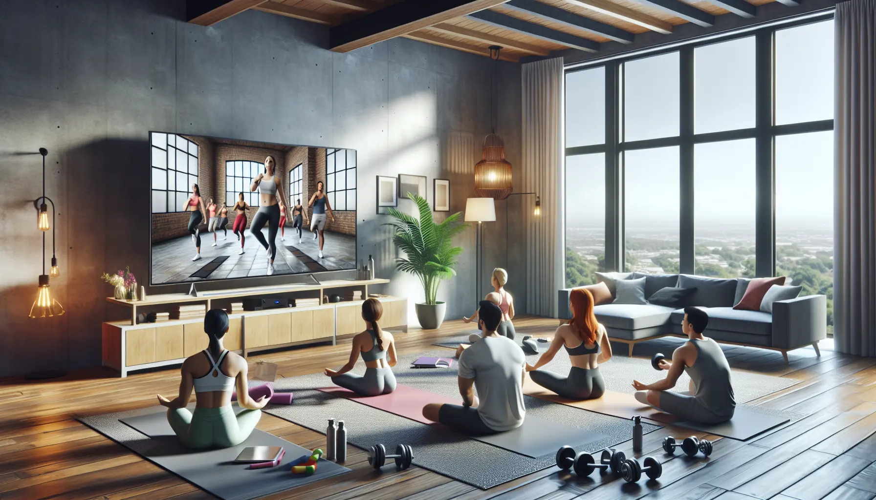 Una persona che pratica yoga nel salotto di casa, circondata da attrezzature per l'allenamento virtuale.