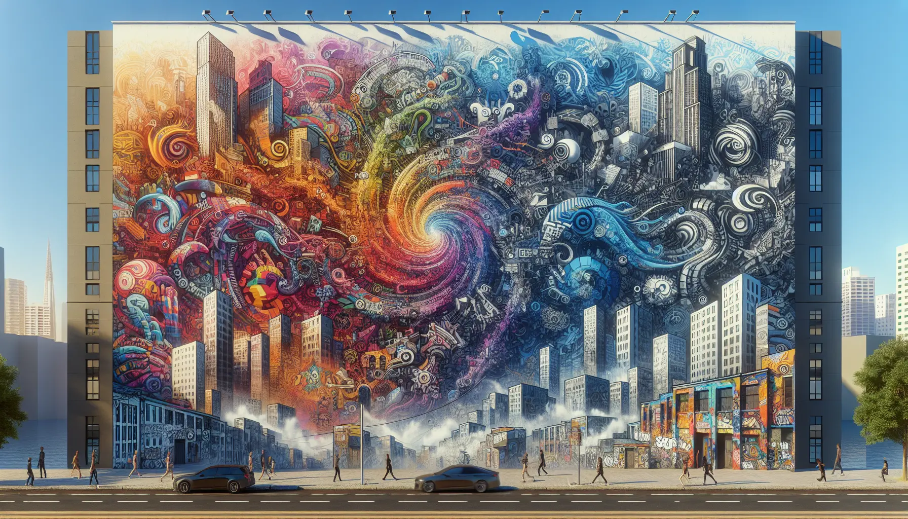 Murales colorati su un muro di una città, rappresentanti di storie e cultura urbana