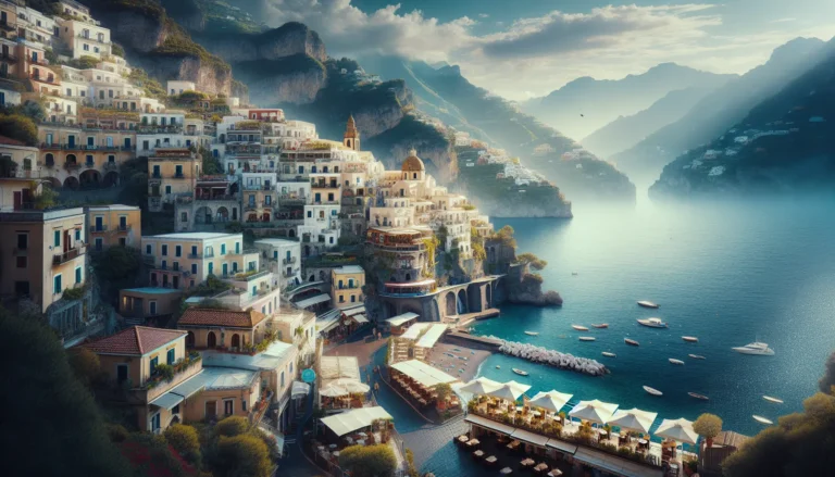 Vista panoramica di Atrani con le sue stradine e il mare cristallino sullo sfondo.