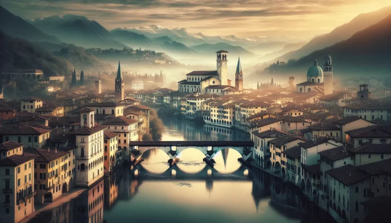 Vista panoramica del ponte degli Alpini a Bassano del Grappa, circondato da colline verdi e un cielo sereno.