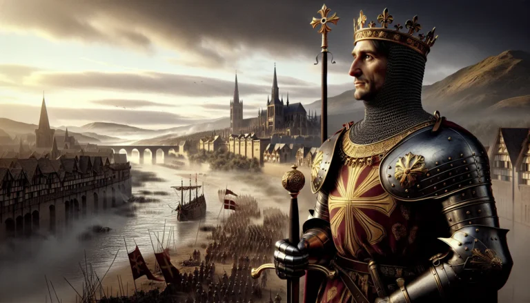 Rappresentazione artistica di Carlo I di Borgogna, il Temerario, in armatura con mappa dell'Europa nel background.